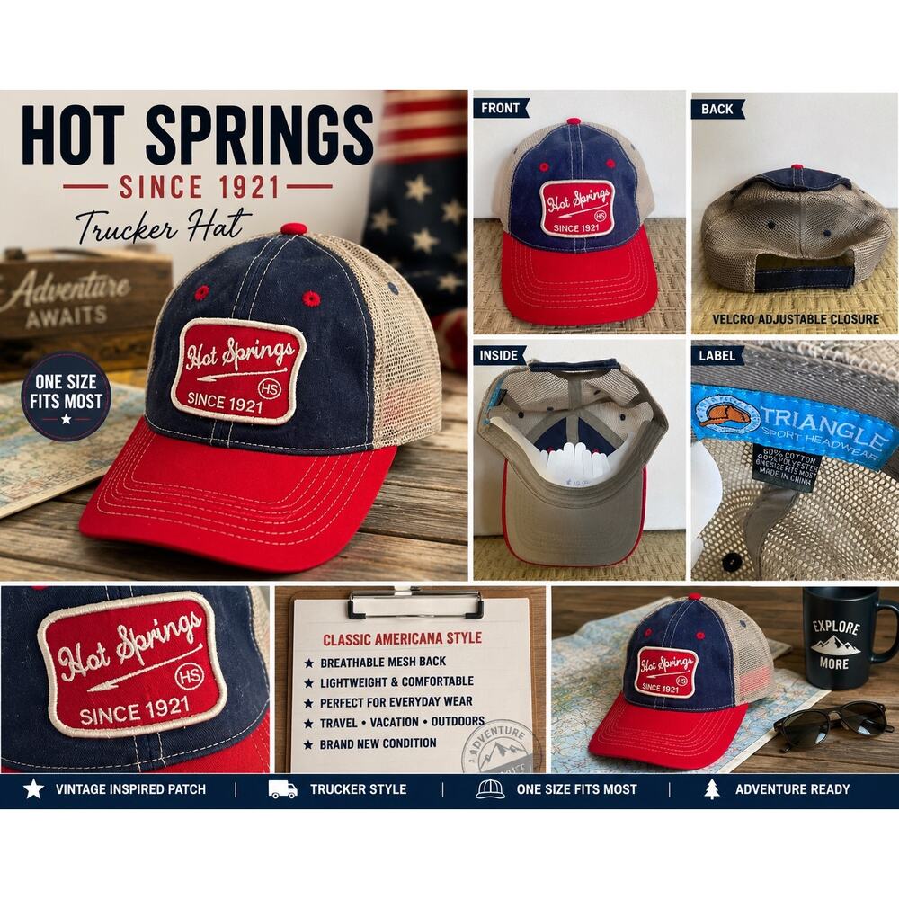 Hot Springs Since 1921 Trucker Hat Red White Blue Mesh Snapback OSFA NWT